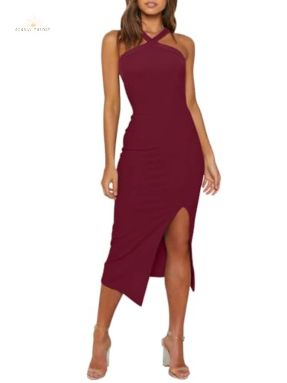 Women's Halter Bodycon Midi Dress High Waist Side Slit Cocktail Party Formal